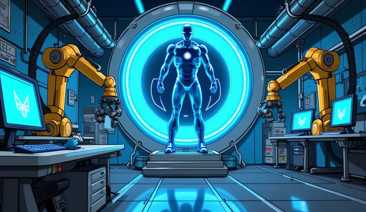 masterpiece, best quality, highres, ultra detailed, 8K ultra HD, high quality, cartoon style, 2D, Futuristic sci-fi lab chamber, glowing blue nanotech panels, robotic arms assembling iron man suit parts. Clean, bright metal surfaces. Computers, holographic...