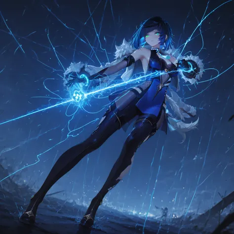 Yelan in battle field, blue glowing strings, fighting