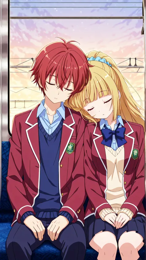 score_9,score_8_up,score_7_up, kei karuizawa, long hair, bangs, blunt bangs, blonde hair, hair ornament, ponytail, scrunchie, blue scrunchie,,skirt, shirt, bow, school uniform, jacket, red jacket, pleated skirt, bowtie, sweater, blue bow, blue shirt,, lean...