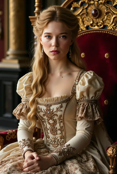   (RAW Photo, Best Quality), (Realistic, Photo Realistic: 1.3), Best Quality, Highly Detailed, Masterpiece, Hyperdetail, Realistic photo shot, realistic photo of a   actress , makeup,  ,  blonde hair , ((  princess  dress ,    ,   )),      medieval ,  sitt...