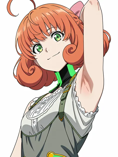 masterpiece, best quality, amazing quality, anime screencap, anime coloring, 1girl, solo, Penny Polendina, short hair, gorget, grey dress, neon trim, gold trim, white blouse, sleeveless,, bare shoulders, bare arms, pink bow, arm behind head, armpit, armpit...