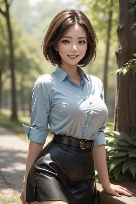 ((masterpiece)), ((best quality)), 8k, (highly detail), (surreal), realistic, (1 girl), Mature, beautiful eyes, double eyelid, Long eyelashes, grin, (Big Breasts), beautiful and nice eyes, short hair, dark brown eyes, ((light blue collared shirt, black t...