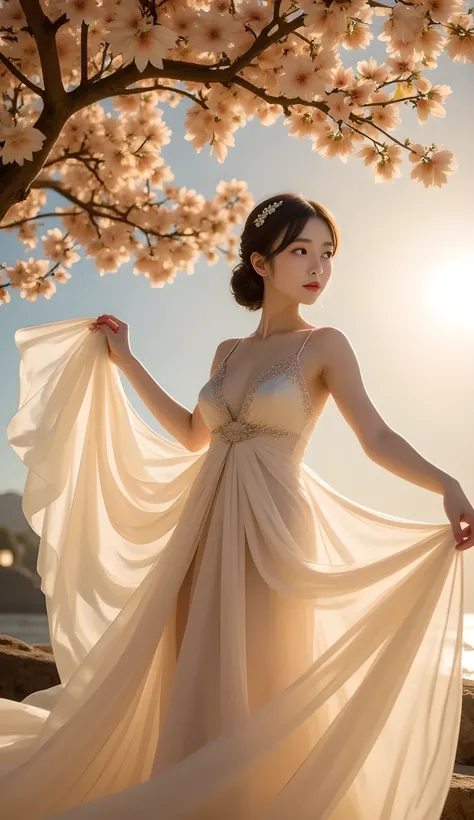 Dynamic wide shot: the girl dances under the apricot tree, her movements solidify sunlight into amber honey droplets, floating in zero gravity, her white ao dai dissolves into swirling stars, the sky morphs into a watercolor painting, ultra-high detail on ...