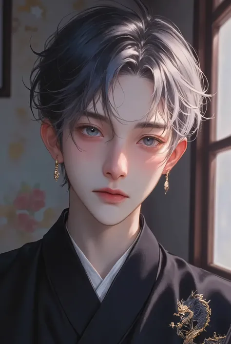 medium hair, Straight, 1 Handsome male, Flawless face, ((Two-colour Hair : black-Silver)), Amber Prismatic Eyes, Hanafuda Earring, black kimono with japanese pattern, chest, handsome, dragon tattoo, standing, smile, Background japanese room, anime Style