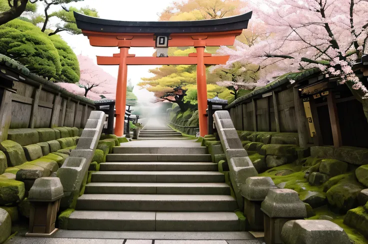 Fushimi Inari Taisha in Kyoto、Mysterious approach with a thousand torii gates。Morning mist drifts、Soft golden light shines through gaps between red torii gates。Mossy Stone Steps 、Cherry blossom petals scattered on the ground、Place々Japanese-style lanterns ...