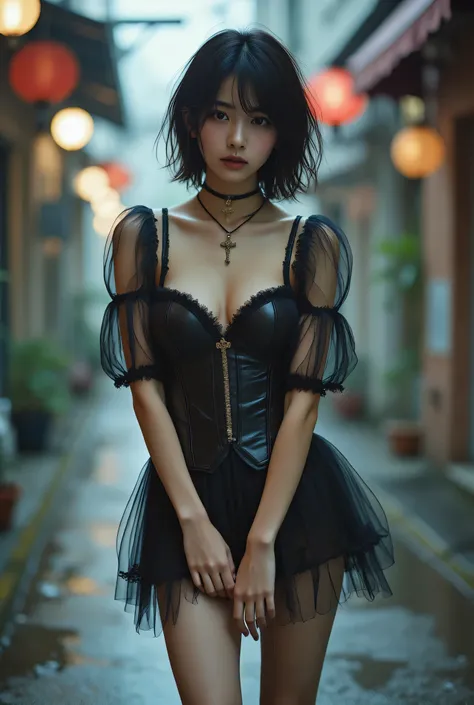 A beautiful japanese woman (hugging own legs) in wearing intricate gothic dress fashion with steampunk elements, elegant lace dress with corset details. short puffed bloomers, Victorian-inspired bloomers, pumpkin-style bloomers, decorative frills, (a small...