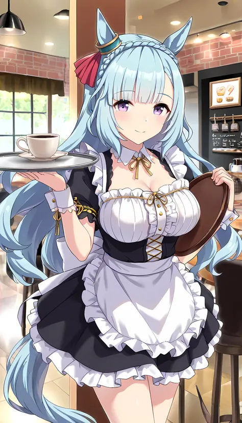 ((top quality, masterpiece, high resolution)), Mejiro Ardan\(umamusume\), Maid, ((Maid服)), Maid喫茶, cafe, (Horse Tail), Smile, Smile Yan, cleavage, Holding a tray