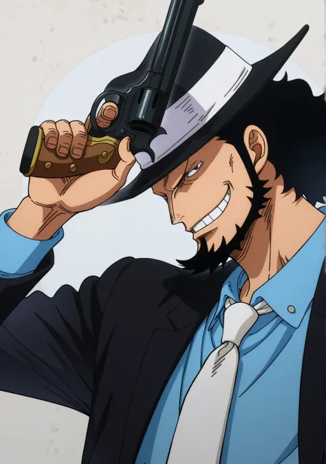 1male,solo,Daisuke Jigeni,black hair,beard,Smirk,hat,Black suit,blue shirt,white necktie,weapons,pistol,One Piece Anime Style