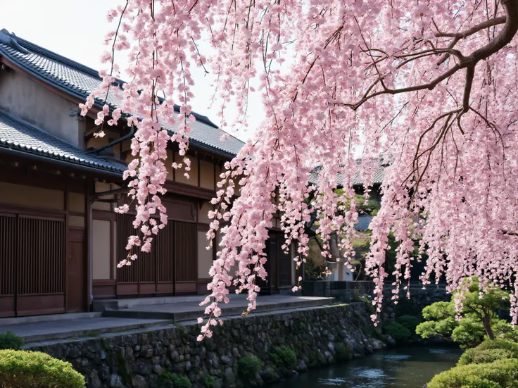 spring、Weeping cherry blossoms 、Kyoto Machiya、colorful、art work、Japanese landscape painting、tranquility、Seasonal Feeling、realistic 35mm photo