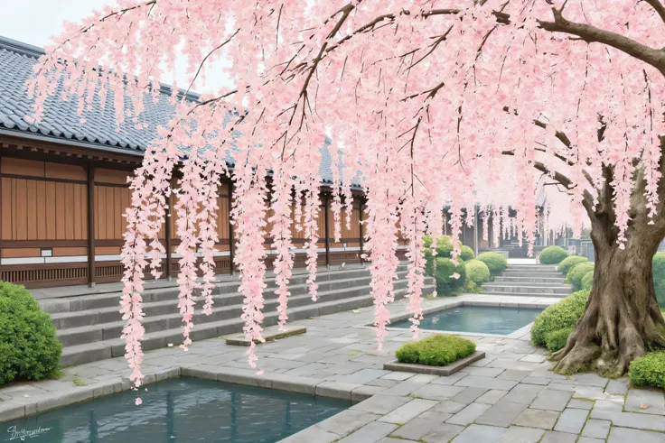 spring、Weeping Cherry 、Kyoto、Oil Eke Art、colorful、Artwork、COOL JAPAN、Japanese landscape painting、Wabi-sabi、Tranquility、Seasonal Feeling