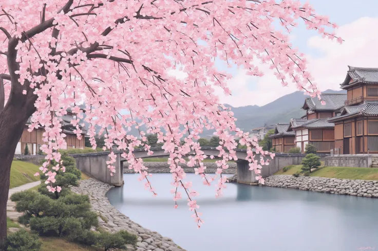 spring、Weeping Cherry 、Kyoto、Oil Eke Art、colorful、Artwork、COOL JAPAN、Japanese landscape painting、Wabi-sabi、Tranquility、Seasonal Feeling