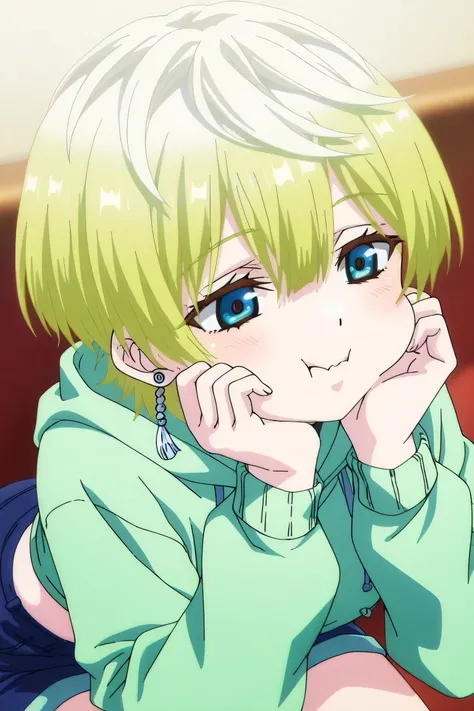 tenka izumo, solo girl, Anime style, short hair, multicolored hair, white hair, blonde hair, blue eyes, hair between eyes, single earring, green cropped hoodie, blue shorts,Cheek Puff / Puffing Cheeks