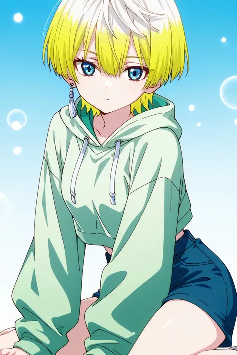tenka izumo, solo girl, Anime style, short hair, multicolored hair, white hair, blonde hair, blue eyes, hair between eyes, single earring, green cropped hoodie, blue shorts,