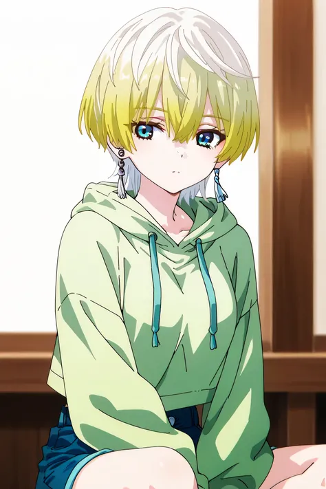 tenka izumo, solo girl, Anime style, short hair, multicolored hair, white hair, blonde hair, blue eyes, hair between eyes, single earring, green cropped hoodie, blue shorts,