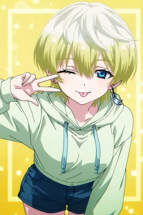 tenka izumo, solo girl, Anime style, short hair, multicolored hair, white hair, blonde hair, blue eyes, hair between eyes, single earring, green cropped hoodie, blue shorts,making a V sign with fingers near eye, one eye winking, tongue out, mischievous and...