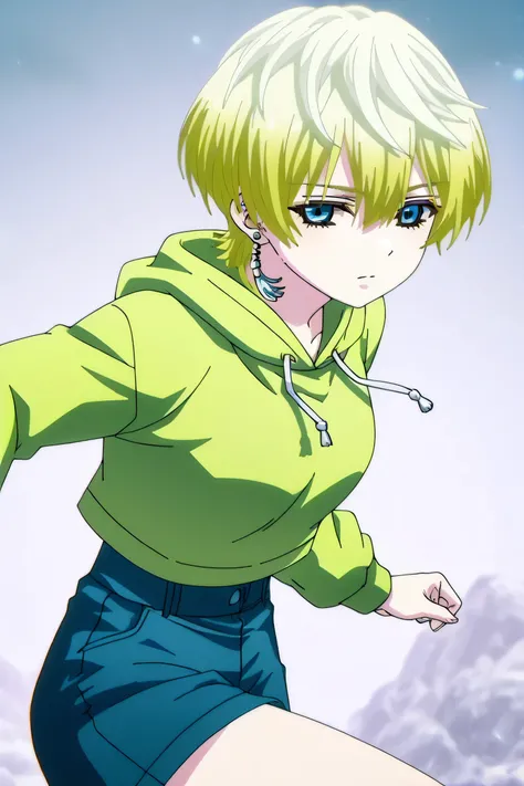 tenka izumo, solo girl, Anime style, short hair, multicolored hair, white hair, blonde hair, blue eyes, hair between eyes, single earring, green cropped hoodie, blue shorts,Pose satu tangan membentuk V sign di samping wajah, ekspresi ceria dan semangat pen...