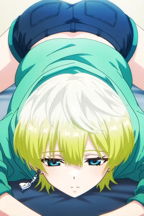 tenka izumo, solo girl, Anime style, short hair, multicolored hair, white hair, blonde hair, blue eyes, hair between eyes, single earring, green cropped hoodie, blue shorts,Missionary
Pov
from side