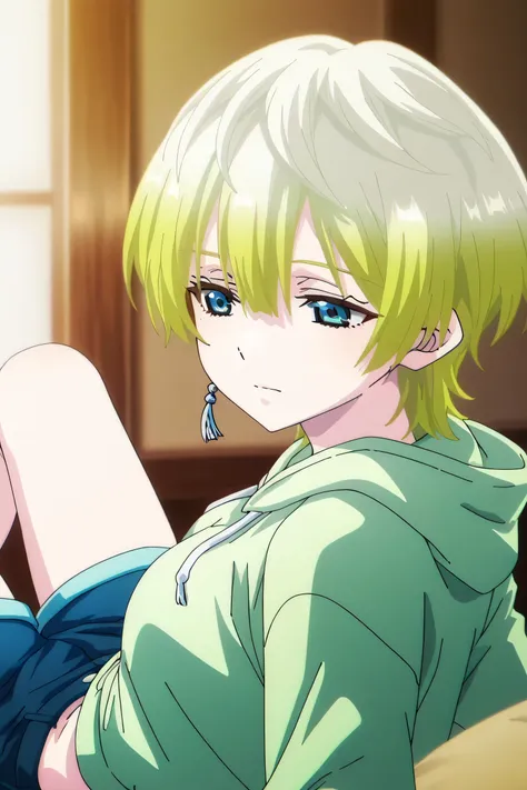 tenka izumo, solo girl, Anime style, short hair, multicolored hair, white hair, blonde hair, blue eyes, hair between eyes, single earring, green cropped hoodie, blue shorts,Missionary
Pov
from side
