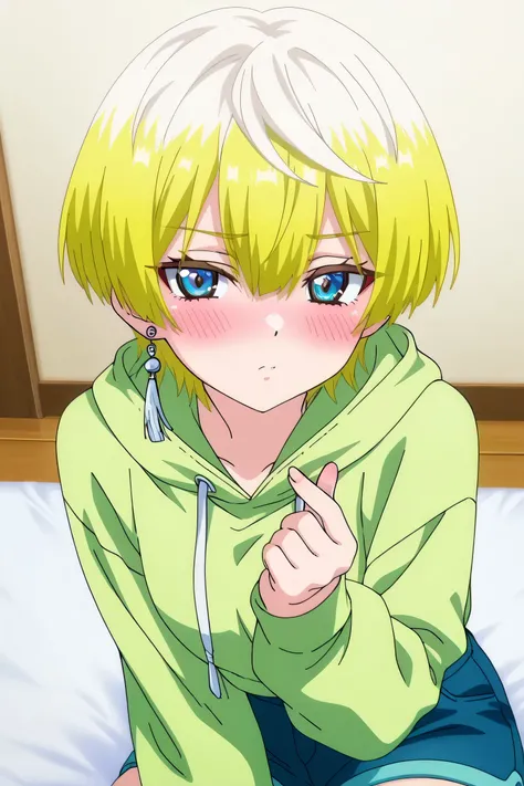 tenka izumo, solo girl, Anime style, short hair, multicolored hair, white hair, blonde hair, blue eyes, hair between eyes, single earring, green cropped hoodie, blue shorts,finger heart, blushing
