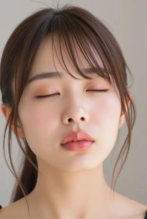 ultra-detailed close-up of a beautiful modern girl, collarbone-up composition, white studio background, soft natural lighting, soft focus on background, 
camera angle slightly elevated (about 60 degrees), subject's chin gently raised, head and face facing ...