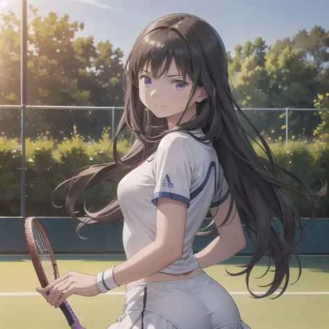A young female tennis player in a sleek blue outfit stands ready, gripping her racket with both hands in a poised stance. Sunlight accentuates the crisp lines of her attire and the polished strings of the racket. Her determined gaze locks onto an unseen op...