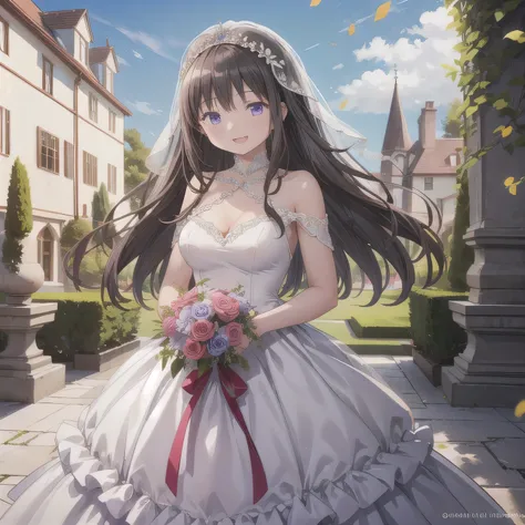 A breathtakingly beautiful 20-year-old woman stands in the courtyard of a luxurious mansion beneath a clear blue sky. She wears a white and blue wedding dress, holding a red bouquet gracefully in front of her chest. Her radiant smile and joyful expression ...