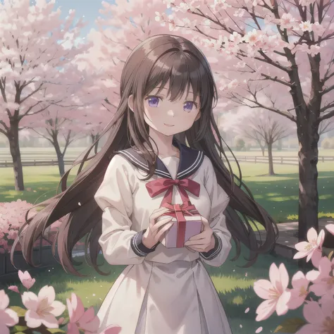 A breathtakingly beautiful 20-year-old woman stands in a lush park filled with cherry blossoms in full bloom beneath a clear blue sky. She wears a classic sailor uniform and gently holds a small, neatly wrapped gift box adorned with a red ribbon. Her radia...