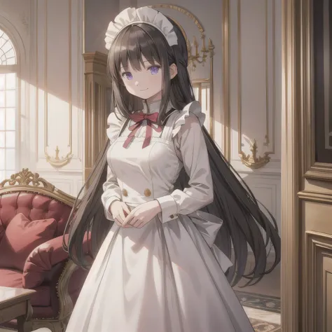 A breathtakingly beautiful 20-year-old woman stands in an opulent mansion room, dressed in a classic black-and-white maid outfit with a short hem and a white brim cap. Her confident smile radiates warmth. The room features elegant furnishings and decor bef...