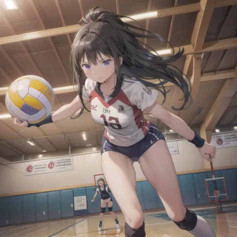 A breathtakingly beautiful 20-year-old woman soars into the air on a volleyball court inside a brightly lit gymnasium, preparing to spike the ball with precision and power. Her athletic form is accentuated by a sleek, form-fitting uniform, and her intense ...