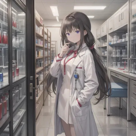 Depict a 20-year-old, stunningly beautiful woman conducting an experiment in a well-equipped science lab. She wears a pristine white lab coat over professional attire, her expression focused as she carefully handles scientific instruments. Whether her hair...
