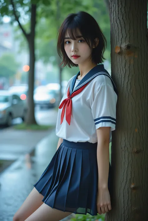 RAW photograph of young japanese woman in sheer school uniform with a little cropped. she is wearing a white school uniform with a navy blue sailor collar and a red ribbon tied around her neck and and a navy blue skirt. she is leaning against a tree on the...