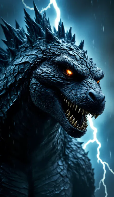 Ultra-realistic close-up of Godzilla, captured in 8K resolution with cinematic IMAX quality. Focus tightly on Godzilla’s upper body and face — drenched in rain, rugged skin covered in scars and cracked armored scales. Every texture is sharp and lifelike, f...