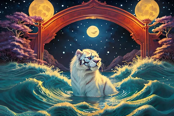There is a boat floating in the water、You can see the full moon in the background, cherry blossoms are in full bloom。静かなnight. digital illustration, night、Floating Under Moonlight, Detailed painting 4k,  just a joke , Inspired by Kawase Hasui, background a...