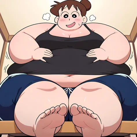 skurada_mimiko from crayon shin chan,  brown hair, black eyes 1 girl, solo, motion line、 Anime Coloring、、Big 、mature female、 Masterpiece、 high quality、 high image quality、 pretty finger、 detailed face, tank top, black shirt, sweatpants, dark blue sweatpant...