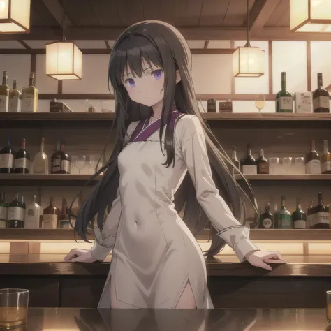 A 2D anime-style illustration. The scene is set inside a dimly lit, cozy Japanese "snack" bar. The lighting is soft and warm, with gentle shadows creating a relaxed, moody atmosphere. Bottles of liquor line the shelves behind the bar, and small round table...