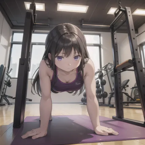 A person doing a plank exercise on a mat in a fitness gym, minimal equipment, bright interior.  Long hair, dark hair, purple eyes.