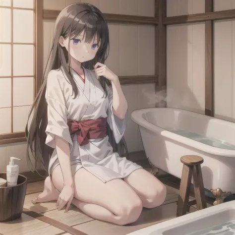 A beautiful woman in a A narrow, compact Japanese bathroom, with tiled walls, a small bathtub, and a wooden stool beside it. Steam fills the room., sitting in seiza style , politely waiting to greet someone.The character is wrapped in a towel around the bo...