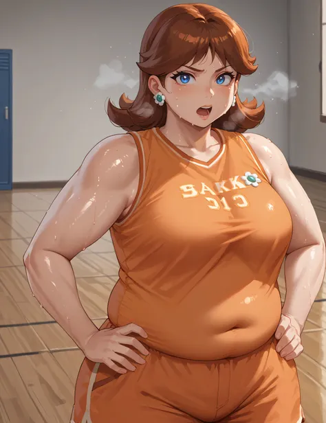 score_9, score_8_up, score_7_up, BREAK, 1girl, solo, princess daisy, 1girl, solo, brown hair, neck length hair, jewelry, makeup, casual, cowboy shot, blue eyes, looking at the viewer, large breasts, hand on hips, orange tanktop, sweaty, orange shorts, swea...