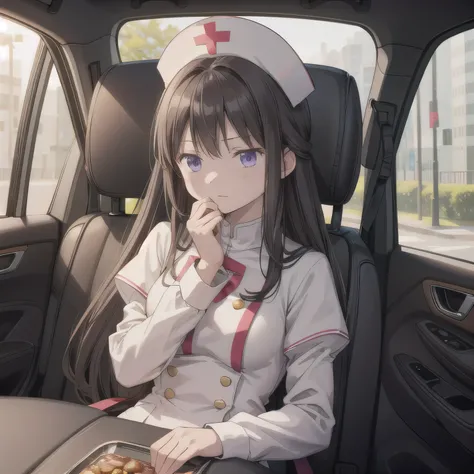 A beautiful girl sitting in the passenger seat of a compact car. She's wearing a light blue nurse uniform with a matching nurse cap, styled in a soft, elegant way. She leans slightly toward the driver's seat, her upper body tilted forward naturally. Her ha...