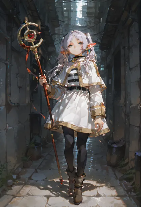 Frieren standing in a narrow, modern alleyway in a realistic urban setting. She holds a sleek metallic magic staff in one hand, standing with quiet confidence. Her full body is clearly visible in the frame — the camera is close enough to capture every deta...