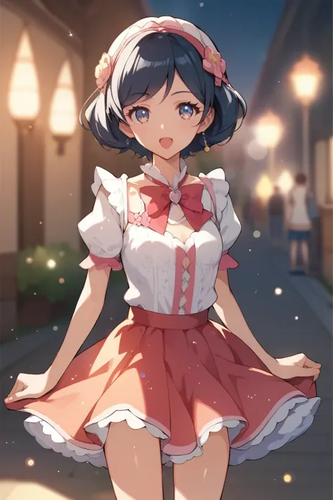 score_9, score_8_up, score_7_up, Source_Anime, nsfw，it's a cute little one showing the bottom of my skirt、I forgot my bra，face，Short Height，Petite，skinny，Fantasy，Anime，depth of subject，fisheye lens，Bokeh，glitter，Pretty Cure Style，glitter，