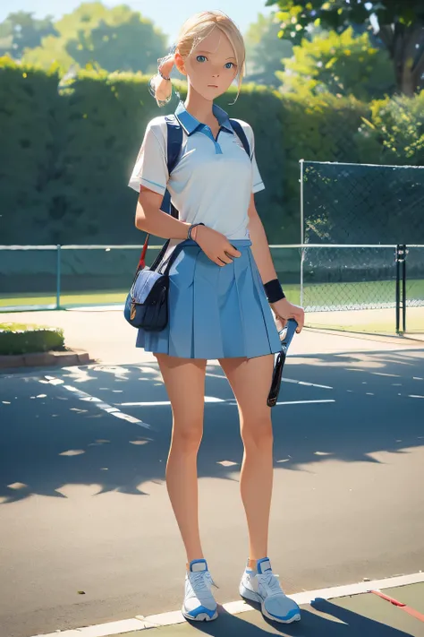 Beautiful blue-eyed blonde . She is 18 years old . He is walking through the park from a tennis session with a large sports bag and tennis racket . 