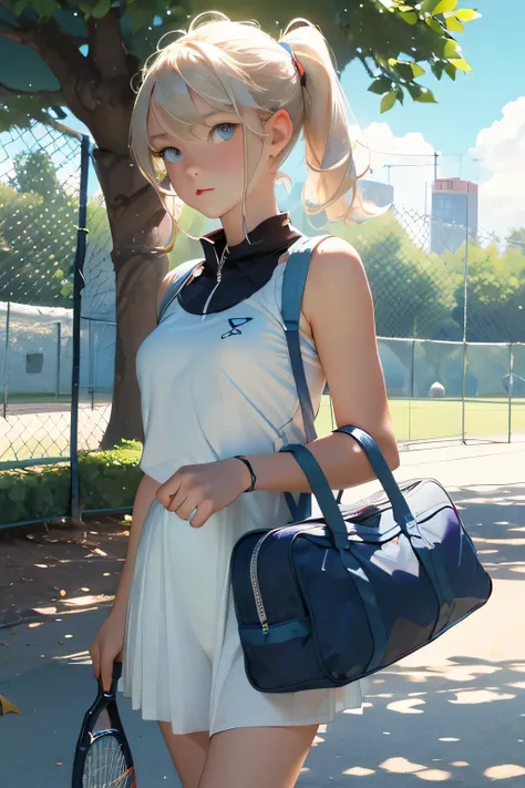 Beautiful blue-eyed blonde . She is 18 years old . He is walking through the park from a tennis session with a large sports bag and tennis racket . 