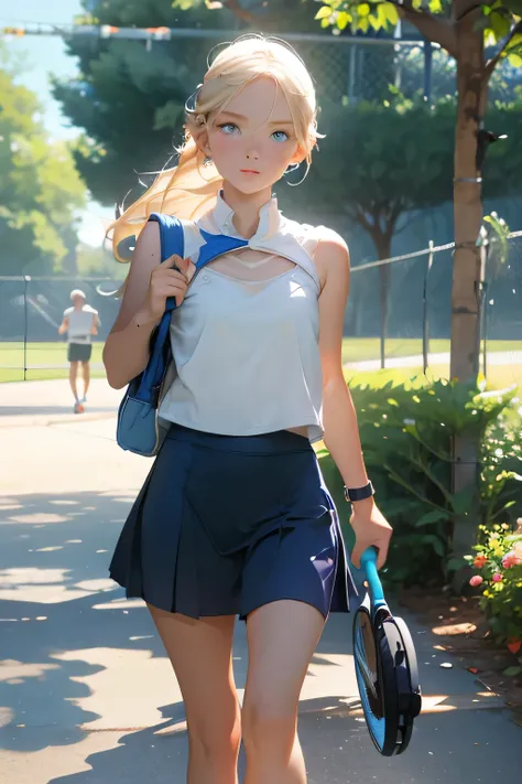 Beautiful blue-eyed blonde . She is 18 years old . He is walking through the park from a tennis session with a large sports bag and tennis racket . 
