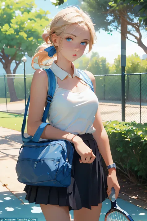 Beautiful blue-eyed blonde . She is 18 years old . He is walking through the park from a tennis session with a large sports bag and tennis racket . 
