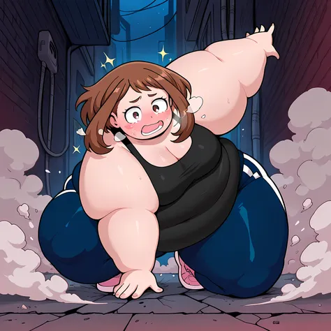 high resolution picture, masterpiece, best quality, amazing quality,  solo, 1girl,  Uraraka Ochao, \(My hero academia\), ,brown hair, brown eyes, ,,  medium breasts ,source anime,                                       
 BREAK (curvy), cracked floor, dust c...