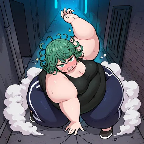 high resolution picture, masterpiece, best quality, amazing quality,  solo, 1girl,  Tatsumaki \(one punch man\), ,green hair, green eyes, , ,  medium breasts ,source anime,                                       
 BREAK (curvy), cracked floor, dust cloud su...