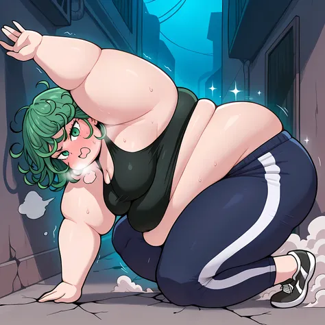 high resolution picture, masterpiece, best quality, amazing quality,  solo, 1girl,  Tatsumaki \(one punch man\), ,green hair, green eyes, , ,  medium breasts ,source anime,                                       
 BREAK (curvy), cracked floor, dust cloud su...
