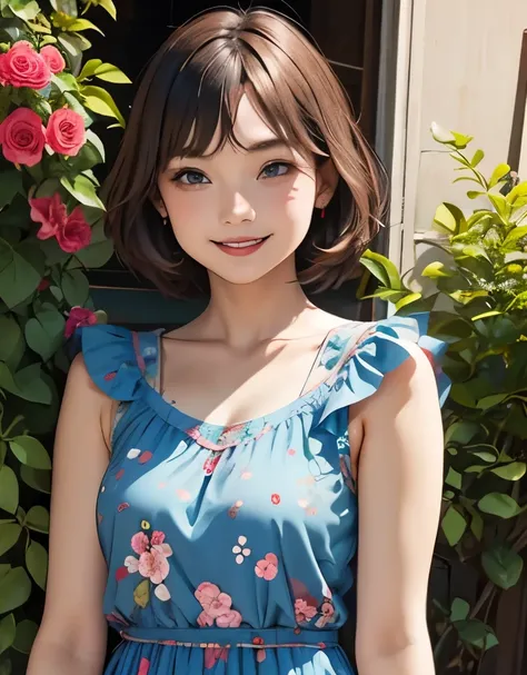 393 ((young woman)),(shorthair),(Neat hair),(floral dress),(Archaic Smile)