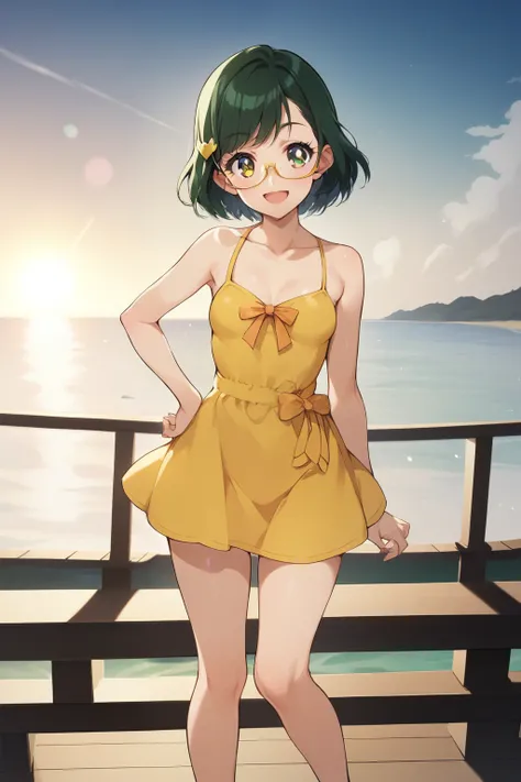
score_9, score_8_up, score_7_up, Source_Anime, nsfw，and she is simple, A wooden pier overlooking a quiet lake, full body shot. she fits her body, Yellow sundress with thin straps and a heart neckline. tight at the waist、Knee-length dress, emphasizes her s...